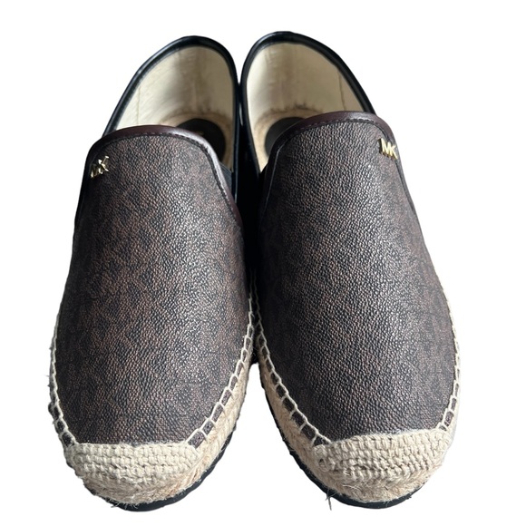 MICHAEL KORS HASTINGS MK PRINT GOLD PLATFORM ESPADRILLES Black Brown Size 9 - Picture 13 of 15